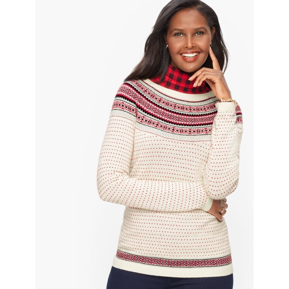 Talbots Petite Womens Size P Nordic Fair Isle‎ Crewneck Sweater in Cream 1941
